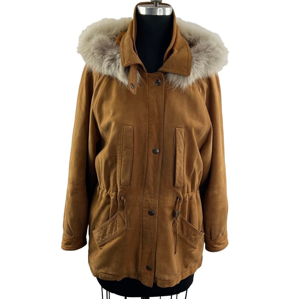 VINTAGE Perfect Tan Leather Zip Button Front Drawcord Waist Jacket Size M ITALY